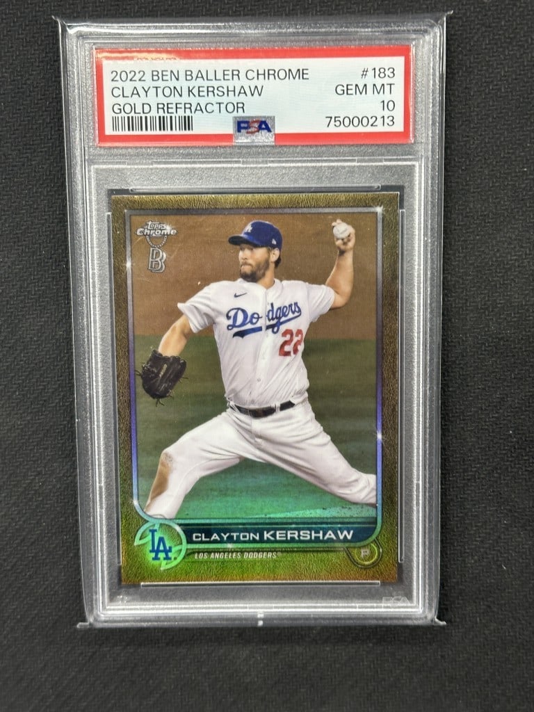 Clayton Kershaw 2022 Ben Baller Topps Chrome Gold PSA 10 #183: Clayton Kershaw 2022 Ben Baller Topps Chrome Gold PSA 10 #183 This stunning 2022 Clayton Kershaw Ben Baller Topps Chrome Gold Baseball Card is a must-have for any serious collector. Graded a perfect 1