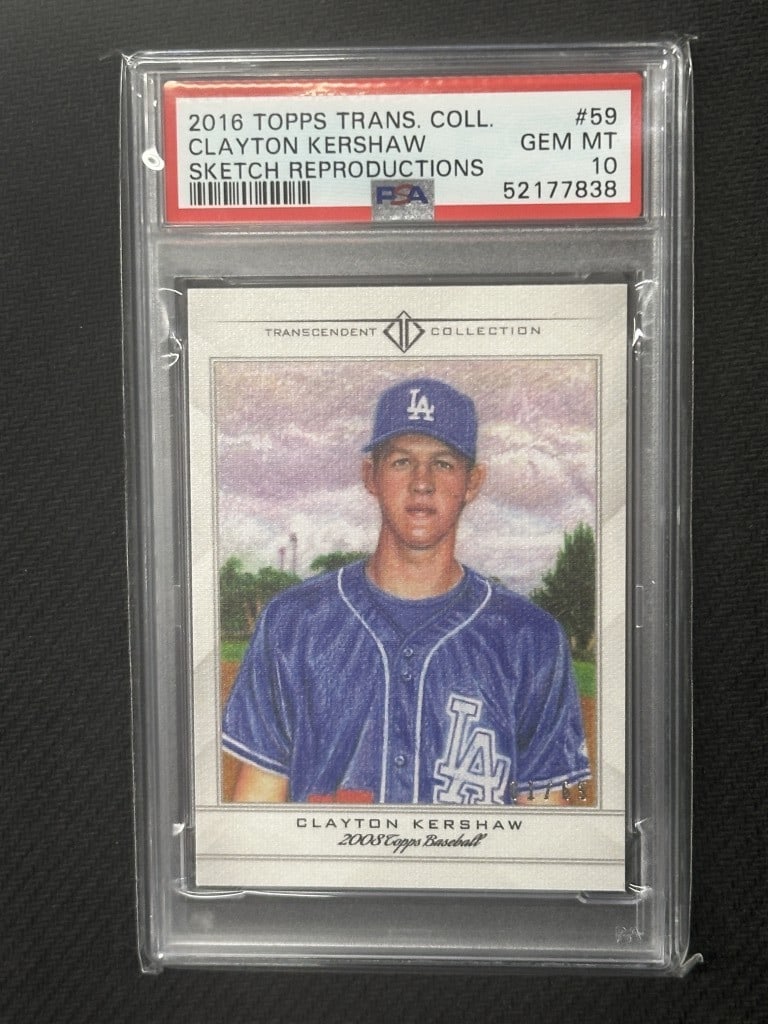 Clayton Kershaw 2016 Topps Transcendent PSA 10 Sketch Reproduction #59: Clayton Kershaw 2016 Topps Transcendent PSA 10 Sketch Reproduction #59 This is a 2016 Topps Transcendent Sketch Reproductions baseball card featuring Clayton Kershaw, a prominent player for the Los An