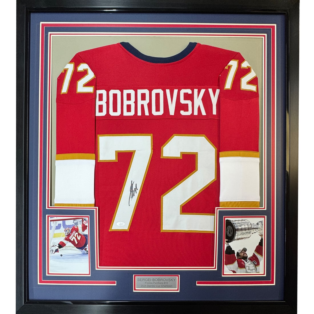 Framed Signed Sergei Bobrovsky Jersey 35x39 Florida Panthers JSA COA: Framed Signed Sergei Bobrovsky Jersey 35x39 Florida Panthers JSA COA This stunning framed item features an autographed Sergei Bobrovsky jersey from the Florida Panthers, perfect for any NHL fan. The j