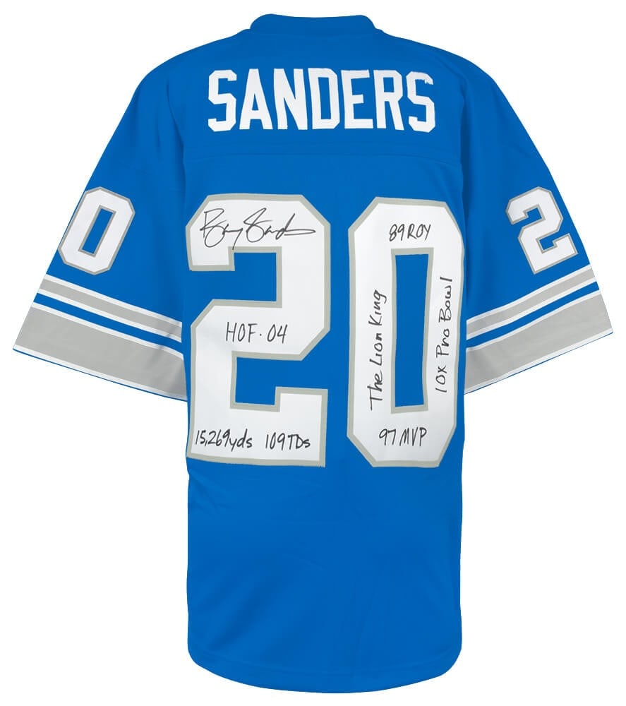 Detroit Lions 1996 Throwback Jersey Signed by Barry Sanders with Multiple Inscriptions: Detroit Lions 1996 Throwback Jersey Signed by Barry Sanders with Multiple Inscriptions This is a Barry Sanders signed Detroit Lions blue 1996 throwback Mitchell & Ness NFL Legacy football jersey. The 
