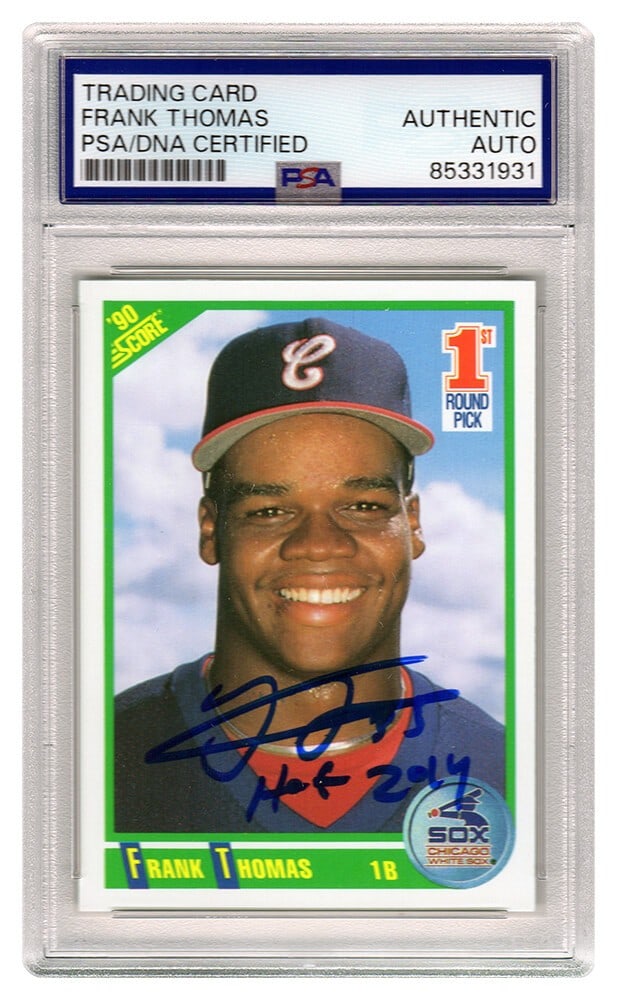 Frank Thomas Signed 1990 Score RC Card HOF 2014 PSA Encapsulated: Frank Thomas Signed 1990 Score RC Card HOF 2014 PSA Encapsulated This is a Frank Thomas signed 1990 Score rookie baseball card #663 from the Chicago White Sox, featuring the inscription 'HOF 2014'. Th