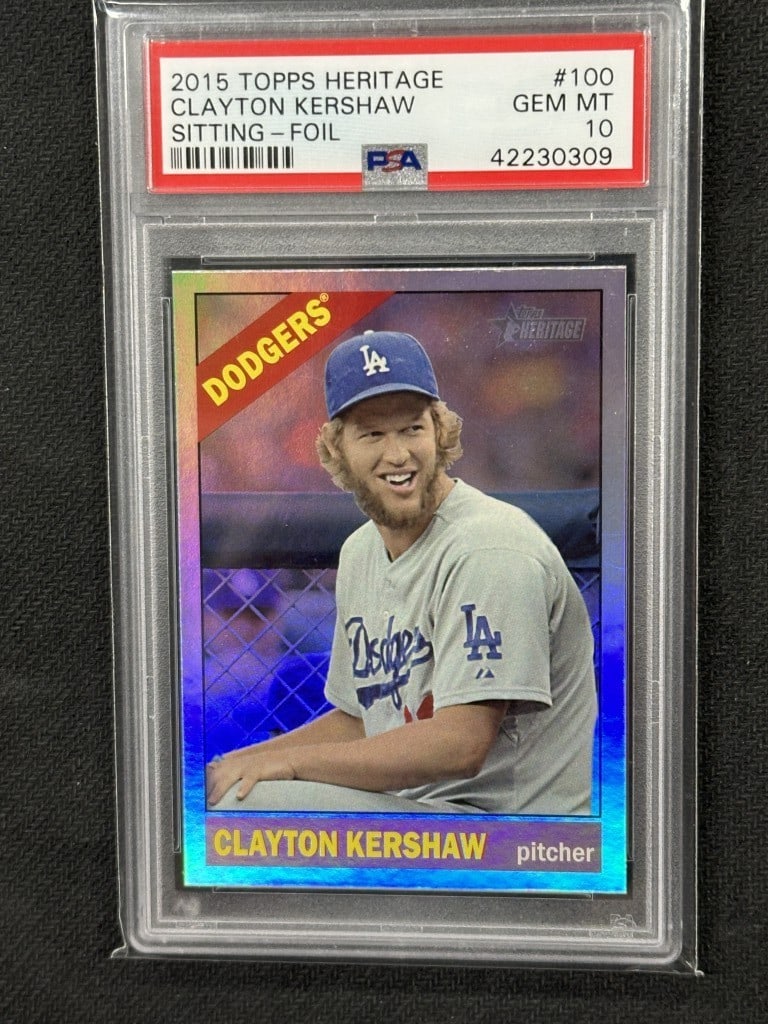 Clayton Kershaw 2015 Heritage Sitting Foil PSA 10 Dodgers Card #100: Clayton Kershaw 2015 Heritage Sitting Foil PSA 10 Dodgers Card #100 Celebrate the incredible career of Clayton Kershaw with this 2015 Heritage Sitting Foil baseball card. Graded a perfect PSA 10 by Pr
