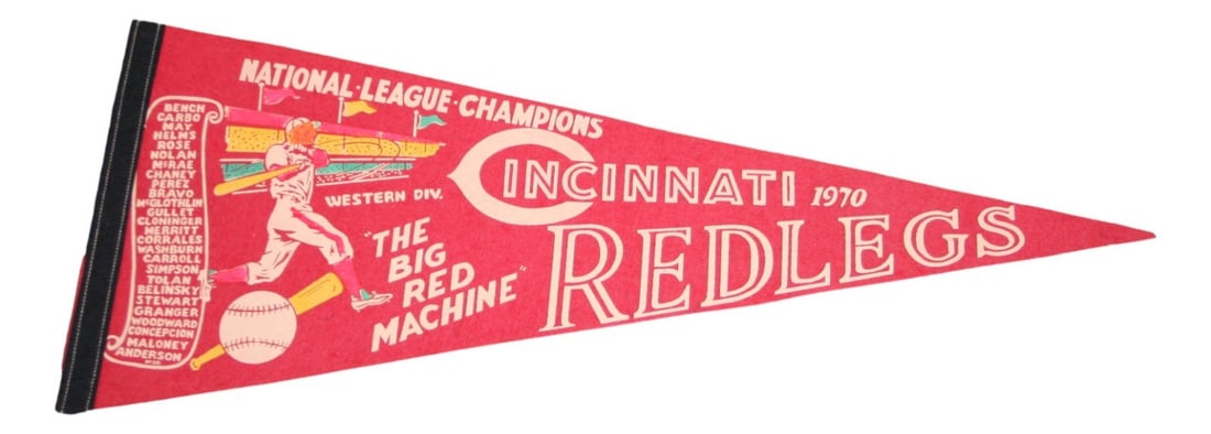 1970 Cincinnati Reds Baseball Scroll Pennant Big Red Machine 29 Inch Vintage: 1970 Cincinnati Reds Baseball Scroll Pennant Big Red Machine 29 Inch Vintage This is a vintage 1970 Cincinnati Reds pennant featuring the iconic Big Red Machine design. Officially licensed and made in