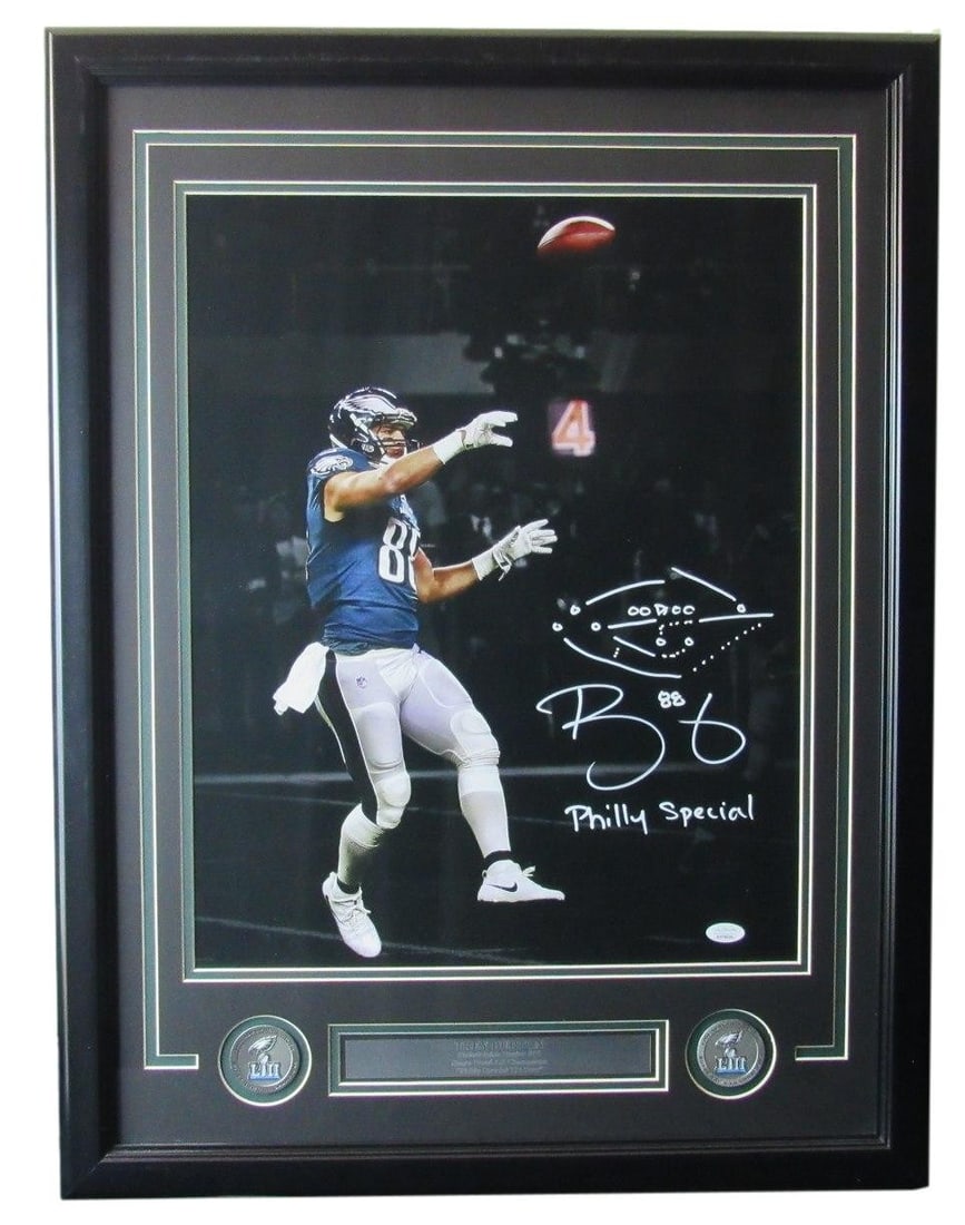 Framed Trey Burton Signed Philly Special 16x20 Eagles Photo JSA Authenticated: Framed Trey Burton Signed Philly Special 16x20 Eagles Photo JSA Authenticated This is a professionally framed 16x20 photograph featuring Trey Burton of the Philadelphia Eagles, signed and inscribed wi