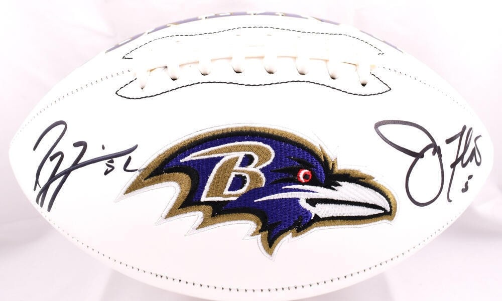 Joe Flacco Ray Lewis Signed Baltimore Ravens Football Beckett Authenticated: Joe Flacco Ray Lewis Signed Baltimore Ravens Football Beckett Authenticated This authentic Baltimore Ravens logo football is signed by both Joe Flacco and Ray Lewis, two iconic players of the team. Th