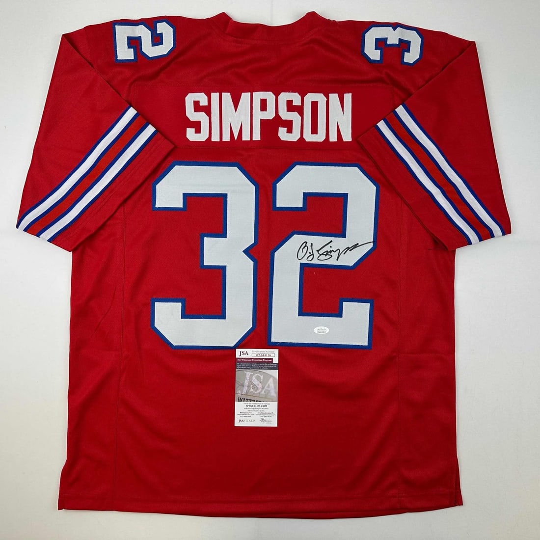 O.J. Simpson Autographed Buffalo Bills Red Jersey JSA COA: O.J. Simpson Autographed Buffalo Bills Red Jersey JSA COA Celebrate the legacy of O.J. Simpson with this autographed Buffalo Red Football Jersey. Featuring the name and number of the legendary athlete