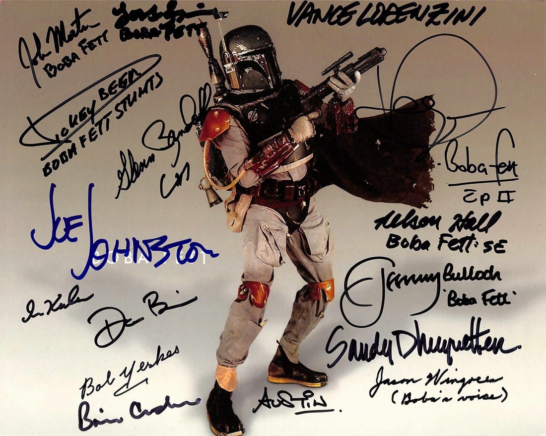 8x10 Photograph with Sixteen Boba Fett Actor and Crew Signatures Beckett LOA: 8x10 Photograph with Sixteen Boba Fett Actor and Crew Signatures Beckett LOA This is an original 8x10 color photograph of Boba Fett, multi-signed by 16 individuals associated with the character, inclu