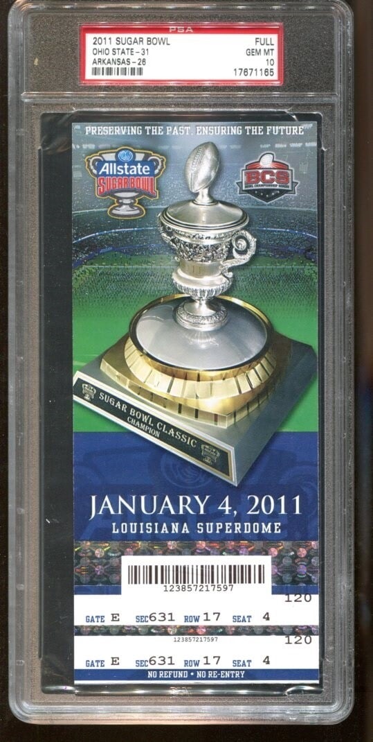 PSA 10 Graded 2011 Sugar Bowl Full Ticket Ohio State vs Arkansas Original: PSA 10 Graded 2011 Sugar Bowl Full Ticket Ohio State vs Arkansas Original This is an original full ticket from the 2011 Sugar Bowl featuring the Ohio State Buckeyes versus the Arkansas Razorbacks. Gra