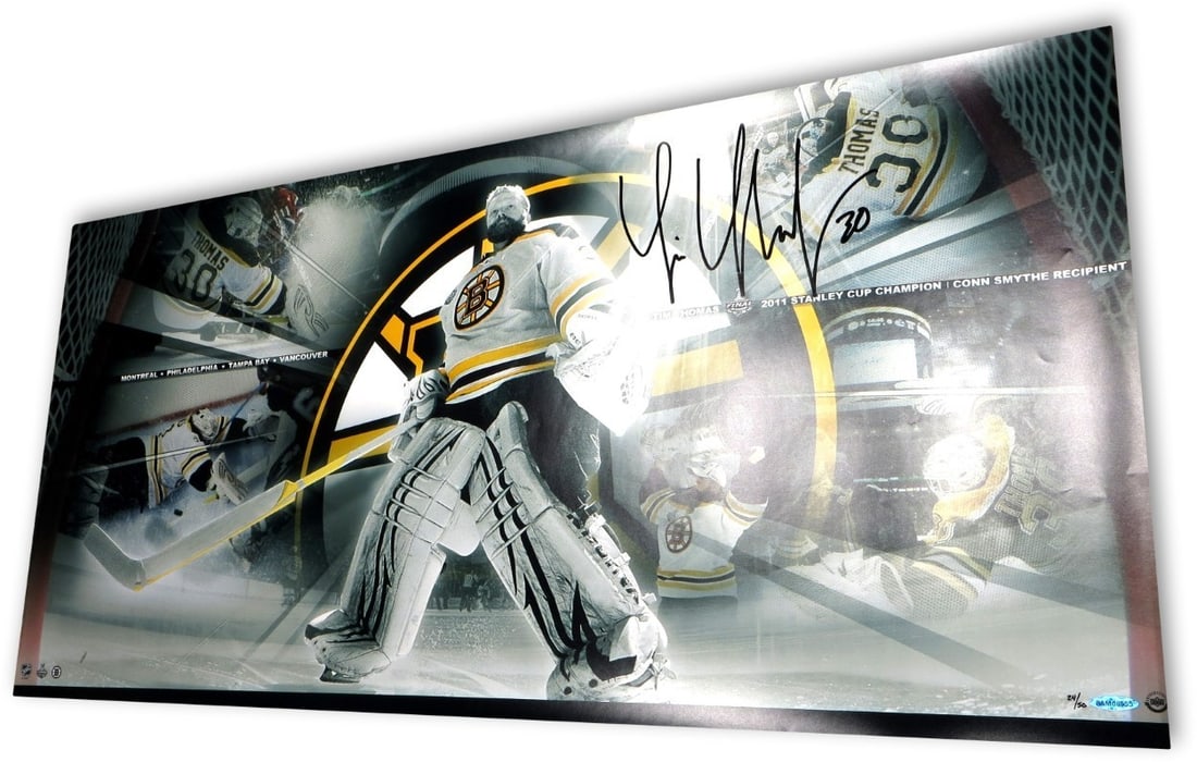 Tim Thomas Autographed 18x36 Photo Bruins 2011 Stanley Cup Upper Deck Authenticated: Tim Thomas Autographed 18x36 Photo Bruins 2011 Stanley Cup Upper Deck Authenticated This impressive 18" x 36" photo features Tim Thomas, the celebrated goaltender of the Boston Bruins, famously known 