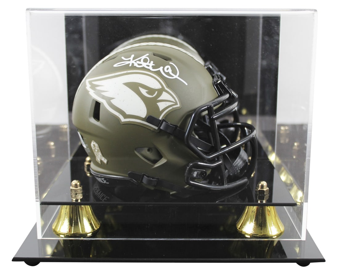 Kurt Warner Signed Arizona Cardinals Mini Helmet with Case Beckett Authenticated: Kurt Warner Signed Arizona Cardinals Mini Helmet with Case Beckett Authenticated This Arizona Cardinals mini helmet features a white signature from Kurt Warner, a legendary player known for his remark