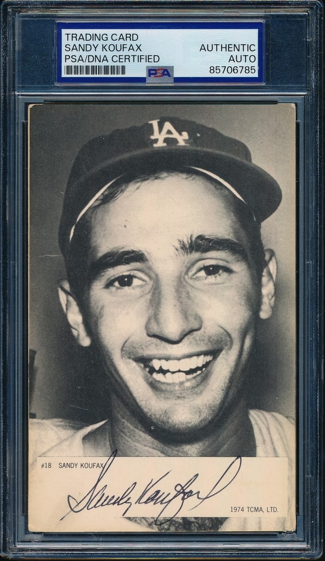 Sandy Koufax HOF Autographed 1974 TCMA Postcard PSA/DNA: Sandy Koufax HOF Autographed 1974 TCMA Postcard PSA/DNA This is an original Sandy Koufax Hall of Fame signed 3.5x5.5 1974 TCMA postcard featuring the legendary Los Angeles Dodgers pitcher. The postcar