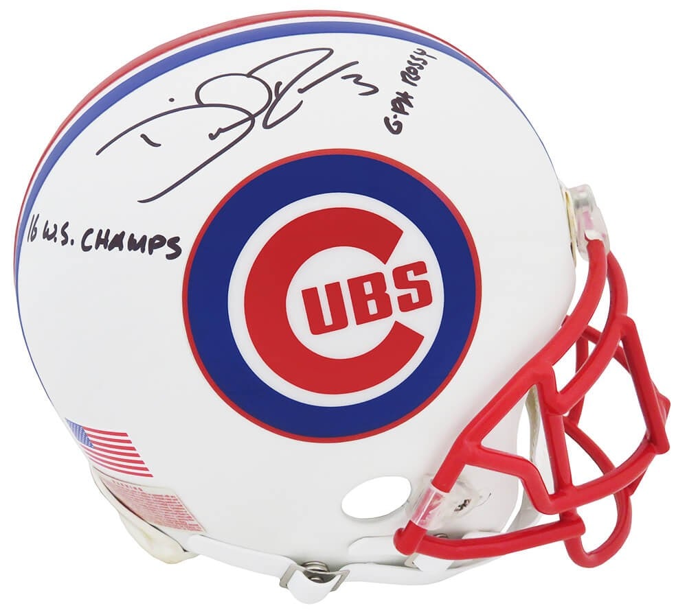 David Ross Signed Cubs White Authentic Football Helmet with WS Champs Inscription: David Ross Signed Cubs White Authentic Football Helmet with WS Champs Inscription This item is a custom white matte authentic football helmet signed by David Ross, featuring inscriptions 'G-Pa Rossy' 