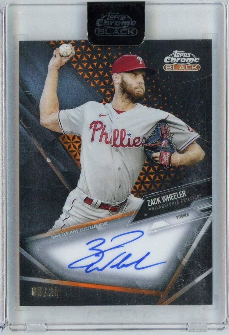 Zack Wheeler 2021 Orange Auto Topps Chrome Black MLB Card Serial Numbered /25: Zack Wheeler 2021 Orange Auto Topps Chrome Black MLB Card Serial Numbered /25 This is a 2021 Topps Chrome Black Zack Wheeler #CBAZW /25 Orange Auto Baseball Card, featuring an authentic autograph from