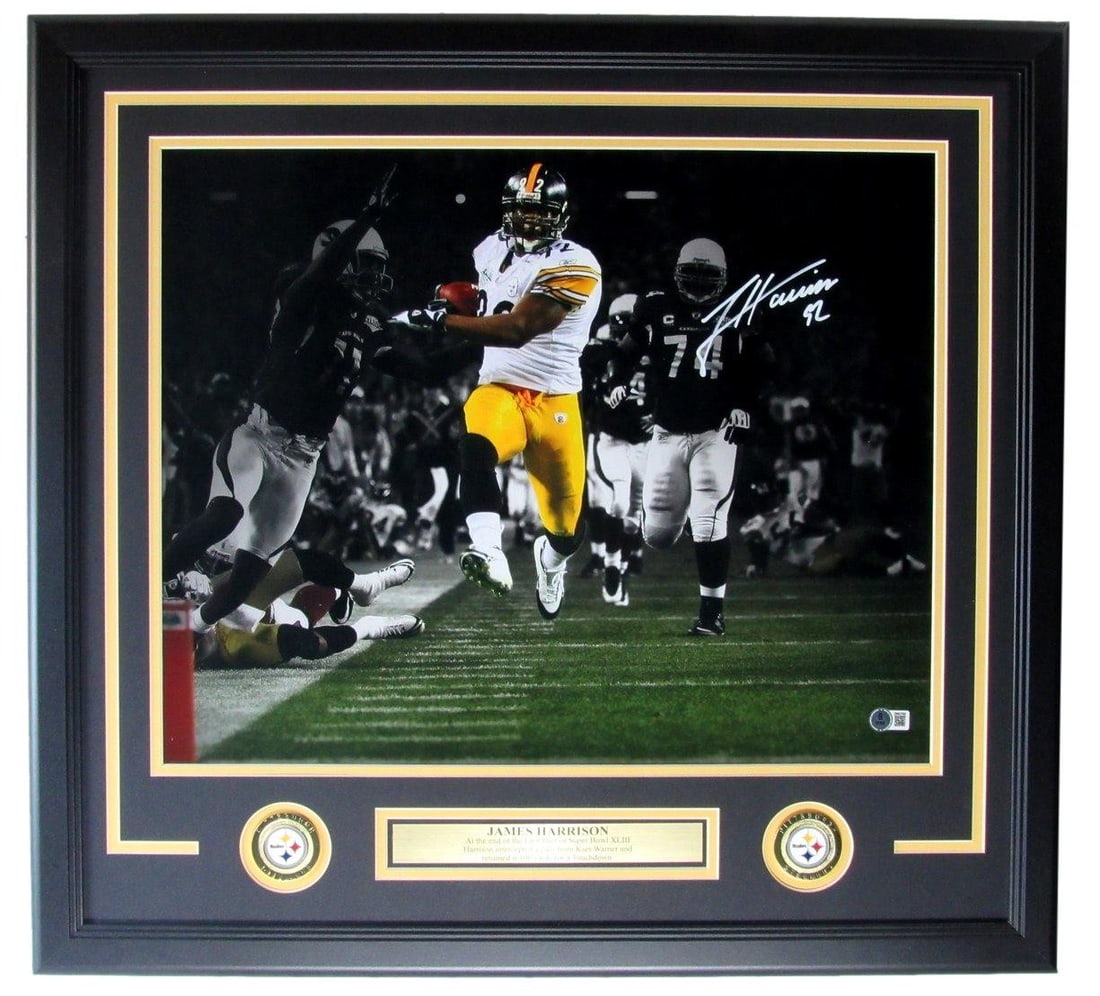 Framed 16x20 James Harrison Signed Steelers Photo with Beckett Authentication: Framed 16x20 James Harrison Signed Steelers Photo with Beckett Authentication This framed 16x20 photo features a genuine autograph from James Harrison of the Pittsburgh Steelers. Authenticated by BAS/