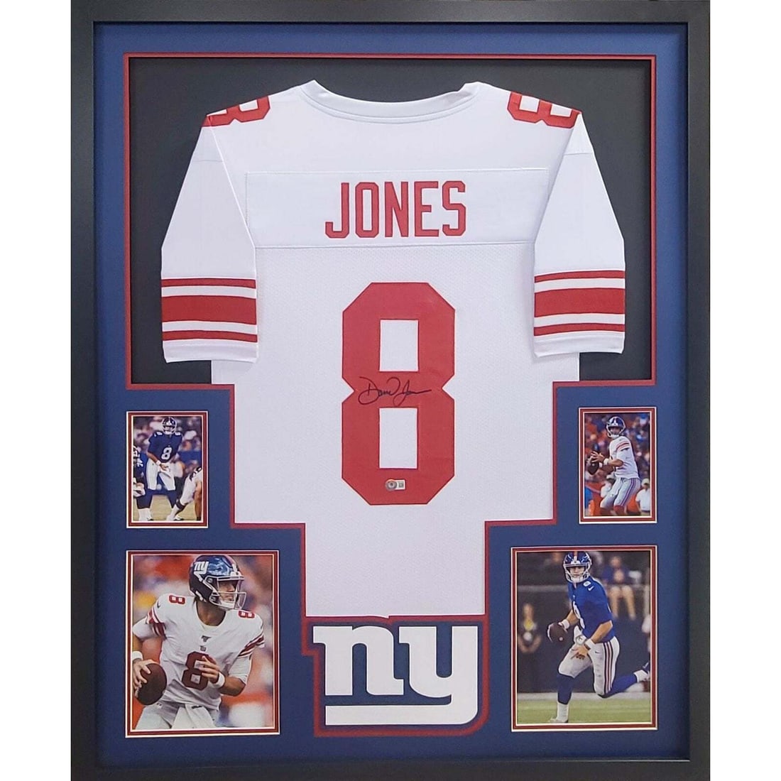 Daniel Jones Autographed Framed Jersey New York Giants Beckett Certified: Daniel Jones Autographed Framed Jersey New York Giants Beckett Certified This autographed jersey of Daniel Jones is framed and authenticated by Beckett, a leader in sports memorabilia authentication. 