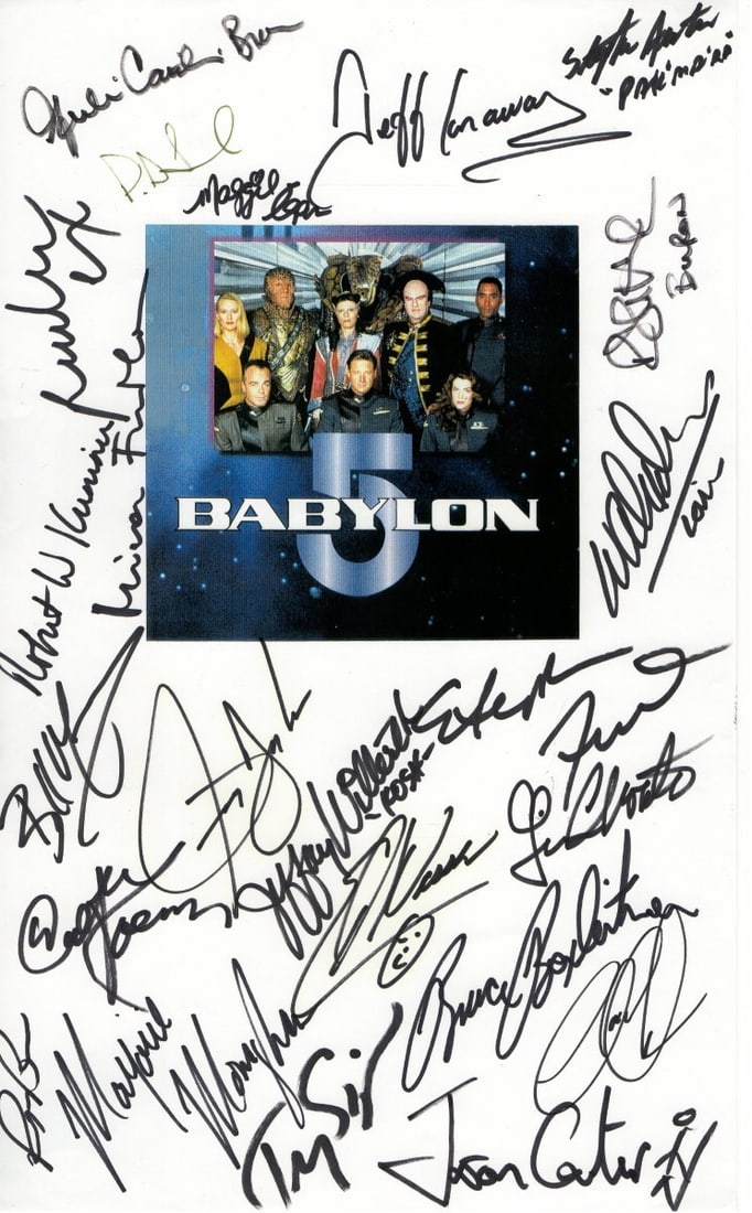 Babylon 5 Autographed 8.5X14 Photo with 23 Signatures JSA: Babylon 5 Autographed 8.5X14 Photo with 23 Signatures JSA This is an original autographed photograph from the iconic series Babylon 5, featuring a collection of 23 signatures including those of Walter