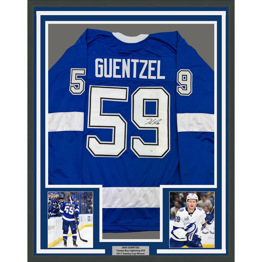 Framed Autographed Jake Guentzel Tampa Bay Jersey 35x39 with PSA COA (1 of 2)