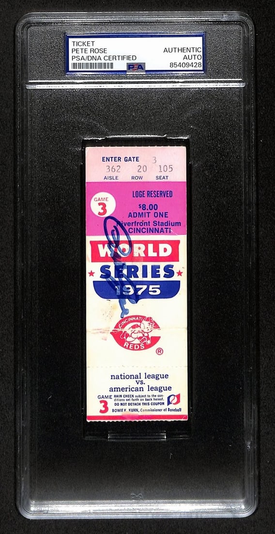 Pete Rose Autographed 1975 World Series Game 3 Ticket Stub PSA/DNA: Pete Rose Autographed 1975 World Series Game 3 Ticket Stub PSA/DNA Own a piece of baseball history with this Pete Rose signed 1975 World Series Game 3 ticket stub, featuring the iconic matchup between