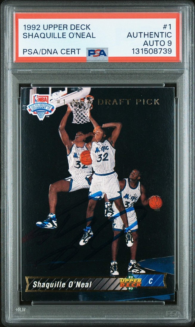 PSA 9 Shaquille O'Neal 1992-93 Upper Deck Rookie Card With PSA Auto Grade: PSA 9 Shaquille O'Neal 1992-93 Upper Deck Rookie Card With PSA Auto Grade This is a 1992-93 Upper Deck Shaquille O'Neal #1 Rookie RC Card that has been professionally graded and encapsulated by Profes