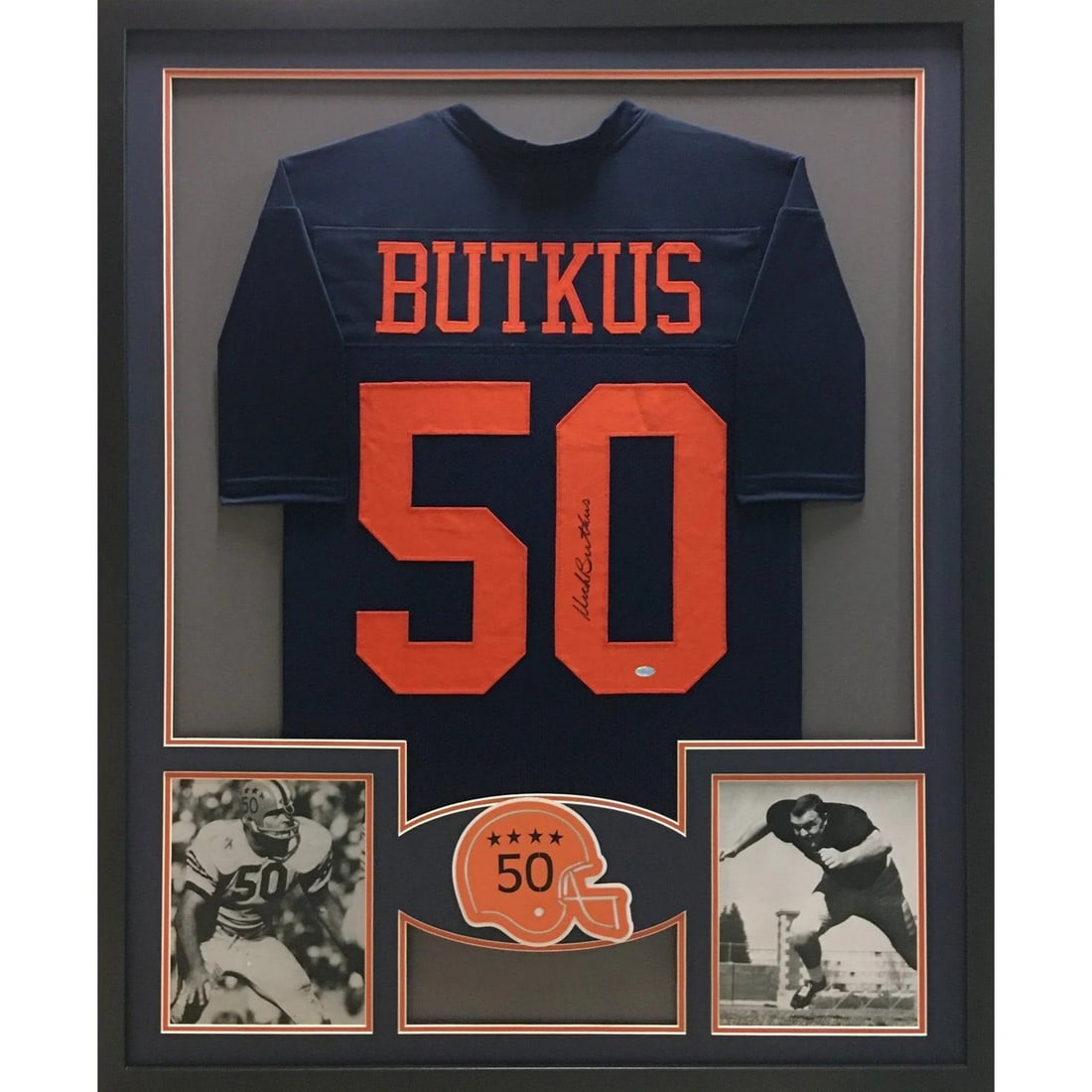 Framed Illinois Jersey Signed by Dick Butkus with Mounted Memories Authentication: Framed Illinois Jersey Signed by Dick Butkus with Mounted Memories Authentication This framed Illinois jersey is autographed by Dick Butkus and authenticated by Mounted Memories, featuring their tampe