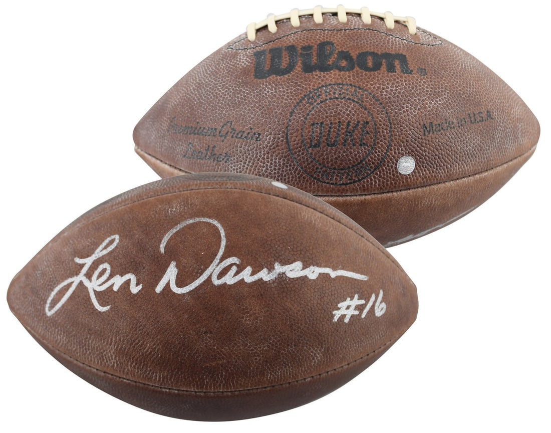 Len Dawson Signed Wilson The Duke NFL Football Beckett Authenticated Kansas City: Len Dawson Signed Wilson The Duke NFL Football Beckett Authenticated Kansas City This official Wilson "The Duke" NFL football has been personally signed by Len Dawson of the Kansas City Chiefs. The au