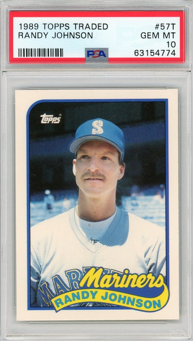 1989 Topps Traded Randy Johnson #57T Rookie PSA 10 Baseball Card: 1989 Topps Traded Randy Johnson #57T Rookie PSA 10 Baseball Card This is a graded 1989 Topps Traded Randy Johnson #57T Rookie RC Baseball Card, rated PSA 10, which signifies its impeccable condition. 