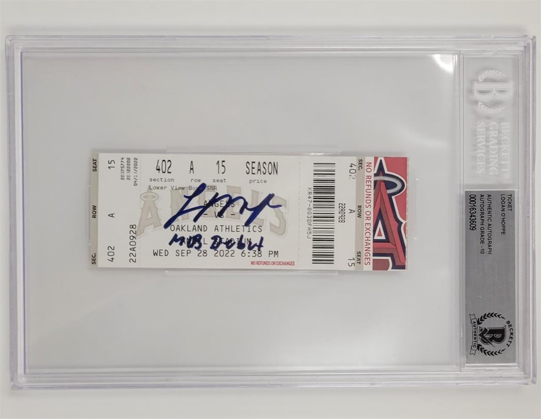 Logan O'Hoppe Signed Angels Ticket MLB Debut Beckett BAS 10: Logan O'Hoppe Signed Angels Ticket MLB Debut Beckett BAS 10 This original Los Angeles Angels ticket commemorates Logan O'Hoppe's MLB debut on September 28, 2022. It features a near mint grade and is s