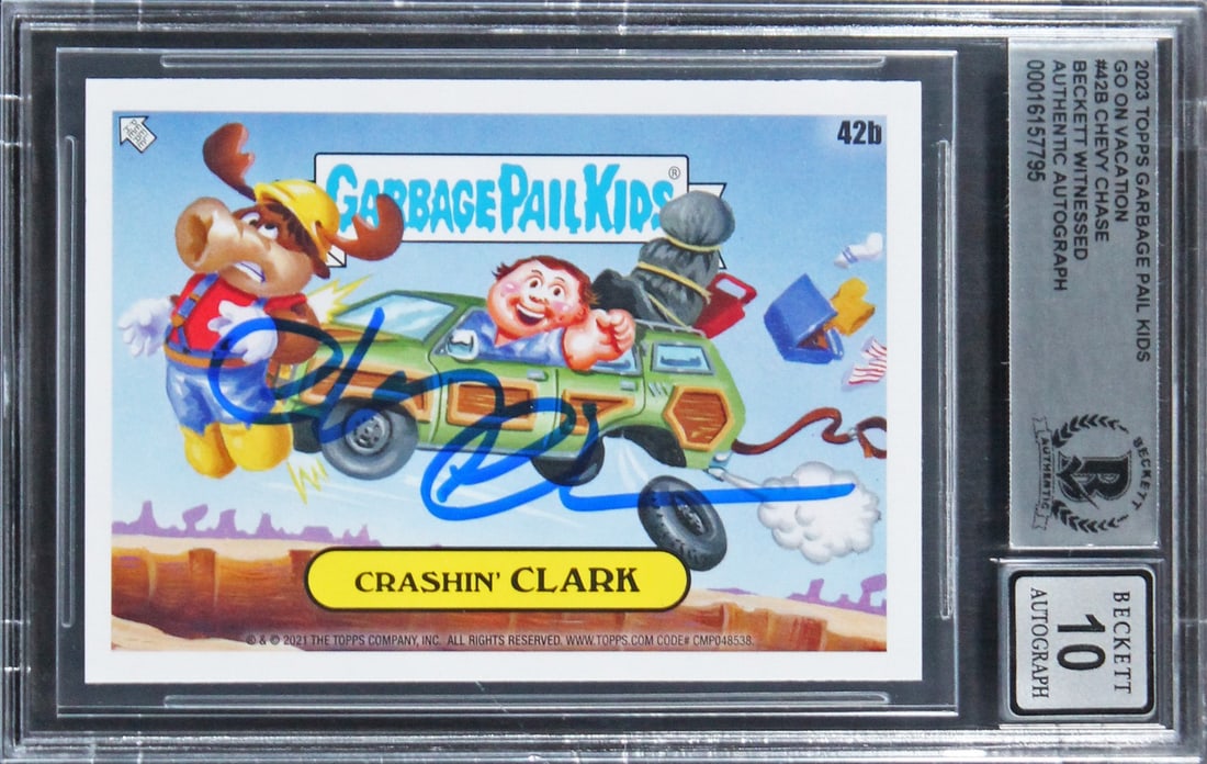 Chevy Chase Autographed 2023 Topps Garbage Pail Kids #42B Gem Mint 10 Beckett Slabbed: Chevy Chase Autographed 2023 Topps Garbage Pail Kids #42B Gem Mint 10 Beckett Slabbed This collectible features a signed 2023 Topps Garbage Pail Kids #42B card, personally autographed by Chevy Chase, 