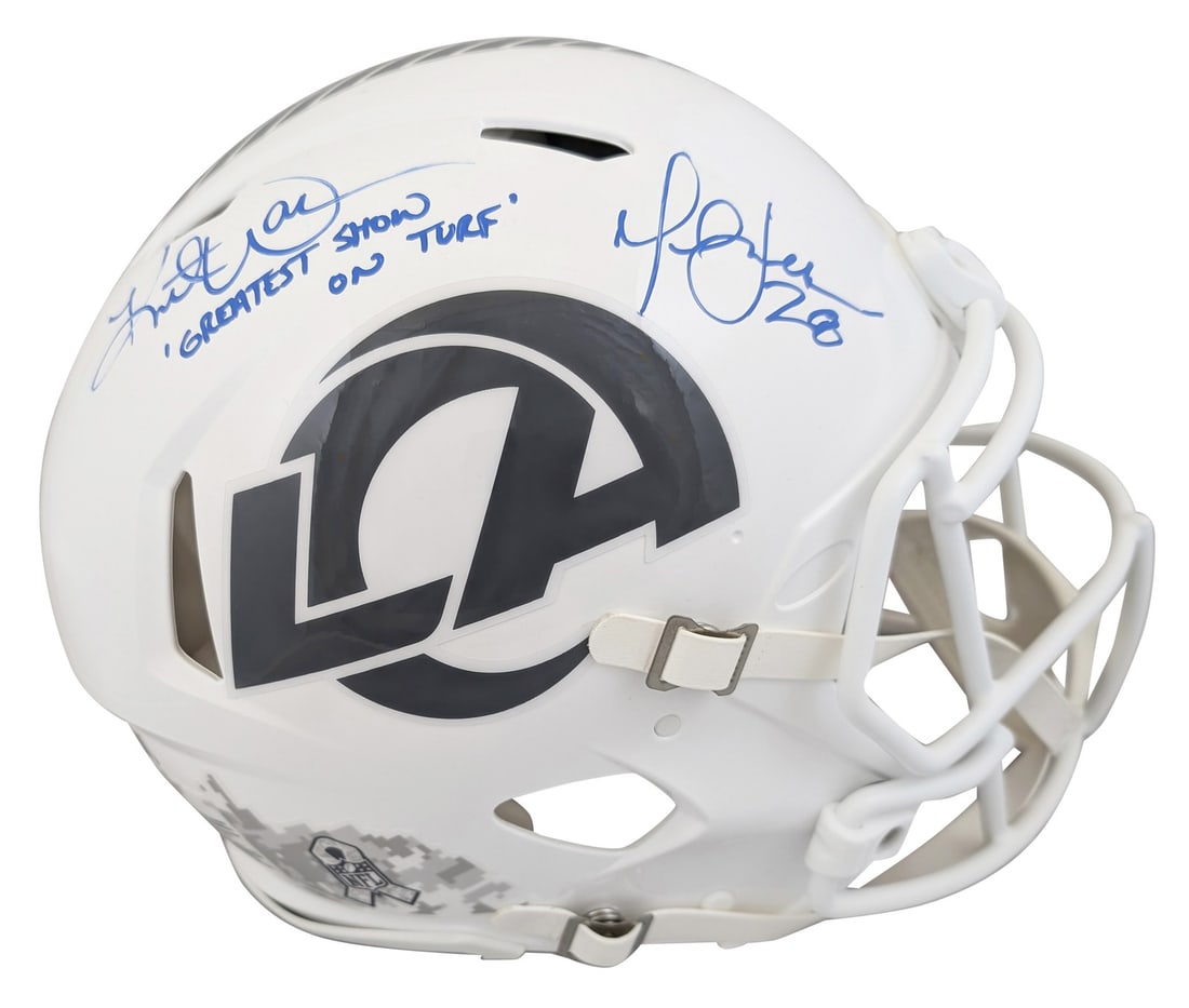 Marshall Faulk Kurt Warner Signed Rams Helmet BAS Authenticated: Marshall Faulk Kurt Warner Signed Rams Helmet BAS Authenticated Celebrate the legacy of the Los Angeles Rams with this original autographed Alternate Salute To Service III Riddell Authentic Full Size 