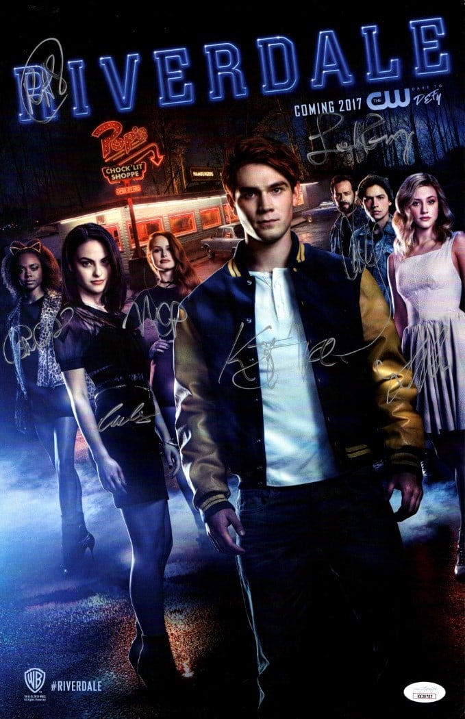 Riverdale Cast Signed 11X17 Poster with 8 Autographs JSA Authenticated: Riverdale Cast Signed 11X17 Poster with 8 Autographs JSA Authenticated This original Riverdale cast autographed poster features the signatures of beloved characters from the show, including Luke Perry