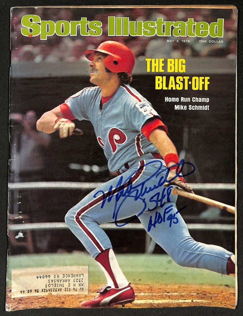 1976 Sports Illustrated Magazine Signed by Mike Schmidt with HOF Inscription PSA DNA: 1976 Sports Illustrated Magazine Signed by Mike Schmidt with HOF Inscription PSA DNA This is an original May 3, 1976 issue of Sports Illustrated magazine featuring a hand-signed and inscribed autograp
