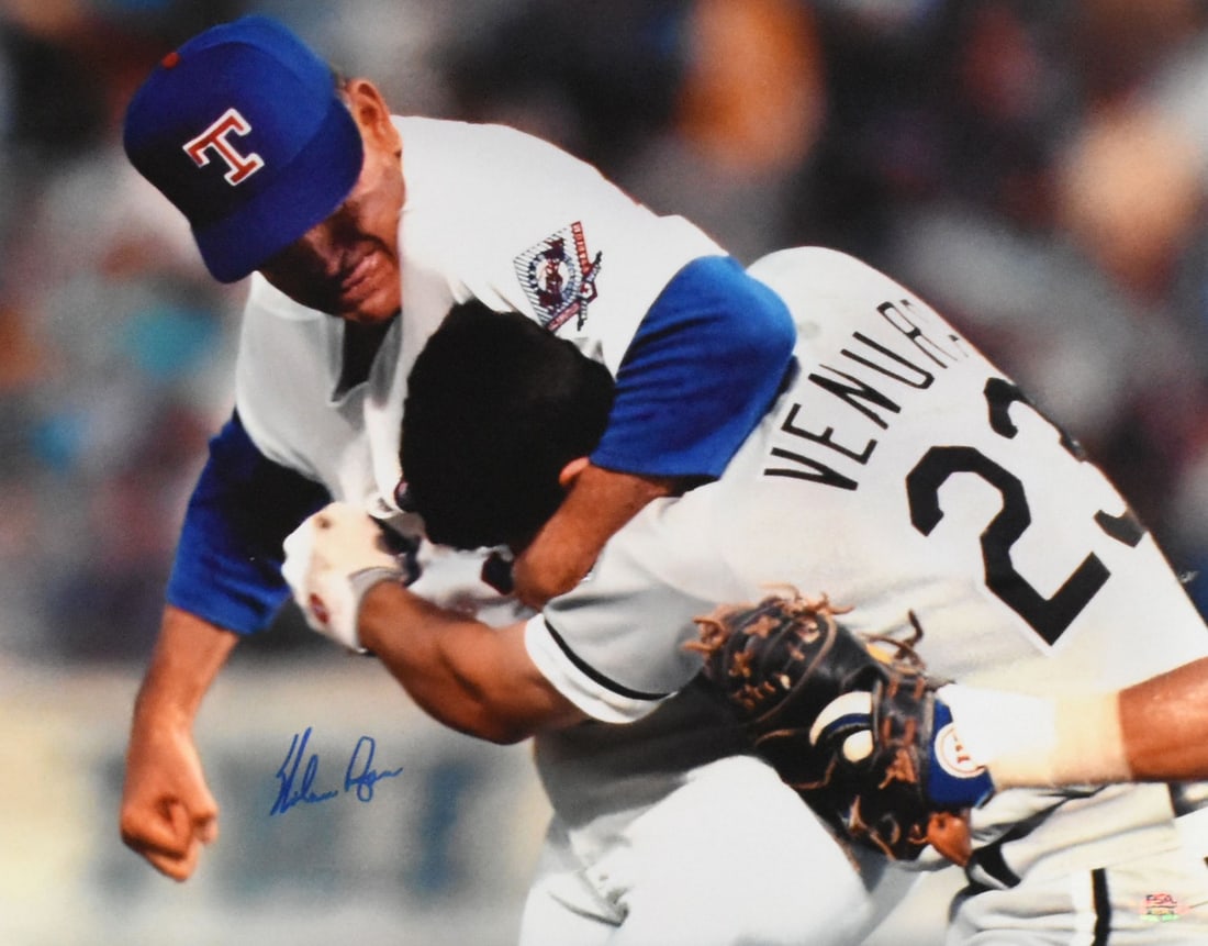 Nolan Ryan Signed 16x20 Texas Rangers Fight Photograph With PSA Authentication: Nolan Ryan Signed 16x20 Texas Rangers Fight Photograph With PSA Authentication This is an original 16x20 photograph featuring Nolan Ryan of the Texas Rangers. The photo has been autographed by Nolan R