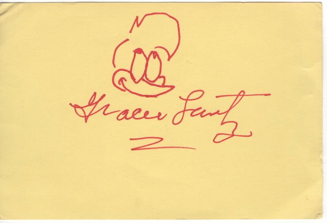 Gracie Lantz Signed 4x6 Index Card With Woody Woodpecker Drawing JSA Authenticated (1 of 3)