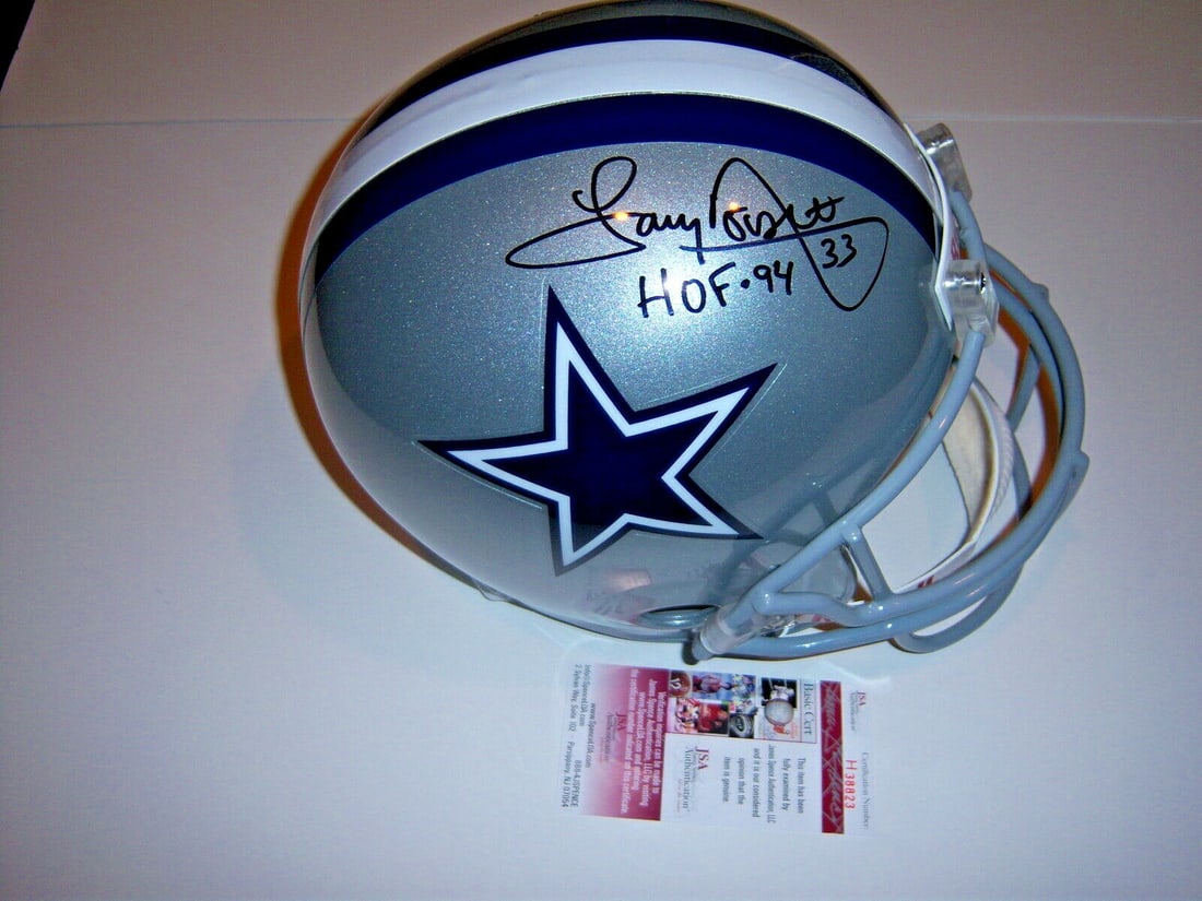 Tony Dorsett Signed Dallas Cowboys Full Size Replica Helmet JSA COA: Tony Dorsett Signed Dallas Cowboys Full Size Replica Helmet JSA COA This is a full-size replica helmet featuring the Dallas Cowboys and Pittsburgh, signed by Tony Dorsett. The helmet comes with JSA/CO