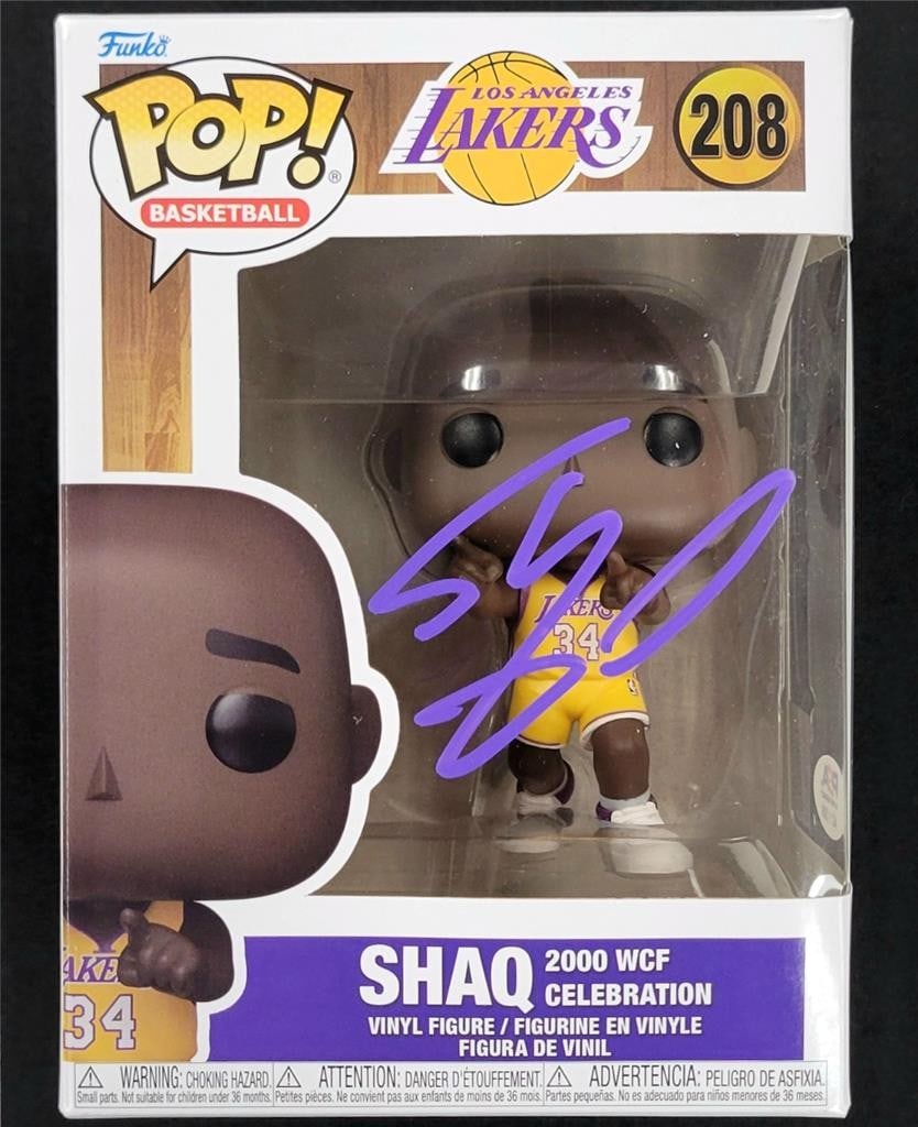Shaquille O'Neal Signed Lakers Funko Pop 2002 WCF PSA Certified: Shaquille O'Neal Signed Lakers Funko Pop 2002 WCF PSA Certified Celebrate the legacy of basketball superstar Shaquille O'Neal with this authentic Funko Pop! figure, featuring his signature from the 20