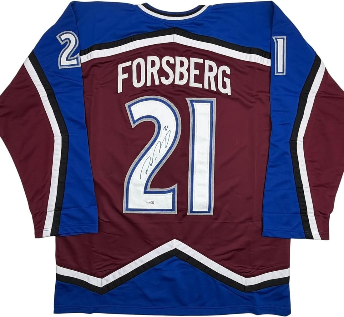 Peter Forsberg signed Colorado Avalanche maroon custom jersey JSA COA: Peter Forsberg signed Colorado Avalanche maroon custom jersey JSA COA This autographed Peter Forsberg Colorado Avalanche custom hockey jersey features a maroon color and is made from nylon and polyest