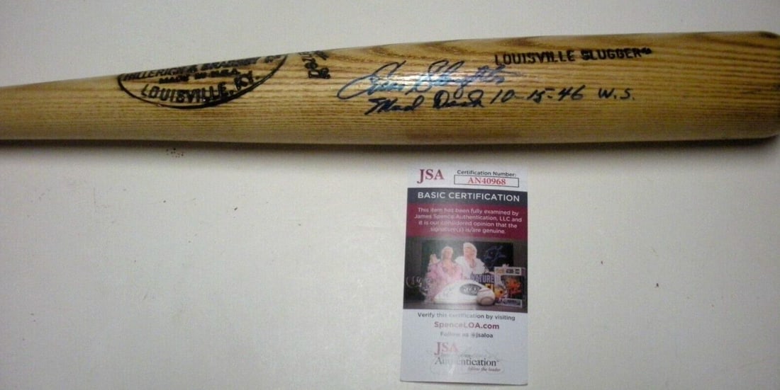 Signed Bat with Enos Slaughter and Johnny Pesky Autographs JSA COA: Signed Bat with Enos Slaughter and Johnny Pesky Autographs JSA COA This pre-owned baseball bat is signed by Enos Slaughter and Johnny Pesky, commemorating the famous "Mad Dash" for the St. Louis Cardi