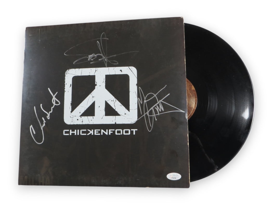 Chickenfoot Autographed Album Cover Sammy Hagar Michael Anthony Chad Smith JSA: Chickenfoot Autographed Album Cover Sammy Hagar Michael Anthony Chad Smith JSA This original record album cover features the autographs of Chickenfoot band members Sammy Hagar, Michael Anthony, and Ch