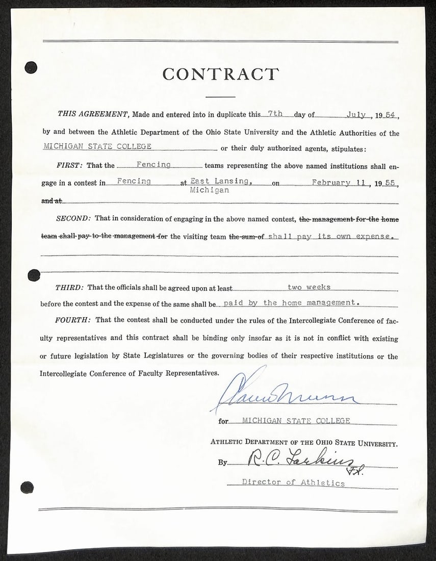 Biggie Munn Signed Michigan State Football Coaching Contract JSA Authenticated: Biggie Munn Signed Michigan State Football Coaching Contract JSA Authenticated This is an original signed contract featuring the autograph of Clarence Lester "Biggie" Munn, the Hall of Fame head coach