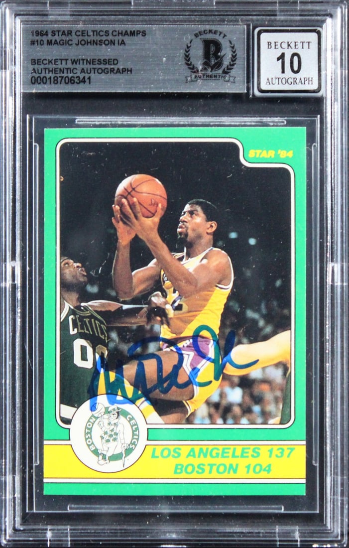 Magic Johnson Beckett Mint 10 Signed 1984 Star Celtics Champs Card: Magic Johnson Beckett Mint 10 Signed 1984 Star Celtics Champs Card This 1984 Star Celtics Champs #10 basketball card features an autograph from Magic Johnson of the Los Angeles Lakers. The card has be