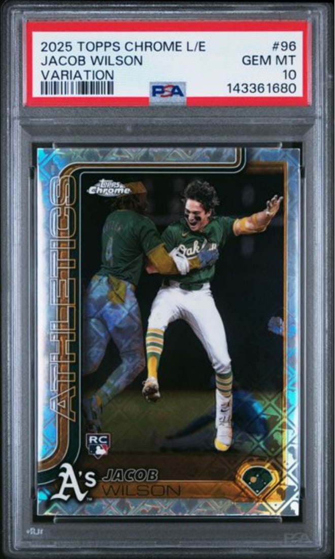 PSA 10 Jacob Wilson 2025 Topps Chrome RC Variation Baseball Card #96: PSA 10 Jacob Wilson 2025 Topps Chrome RC Variation Baseball Card #96 This is an original 2025 Topps Chrome Limited Edition Jacob Wilson #96 Variation Rookie Card, professionally graded PSA 10 by the P