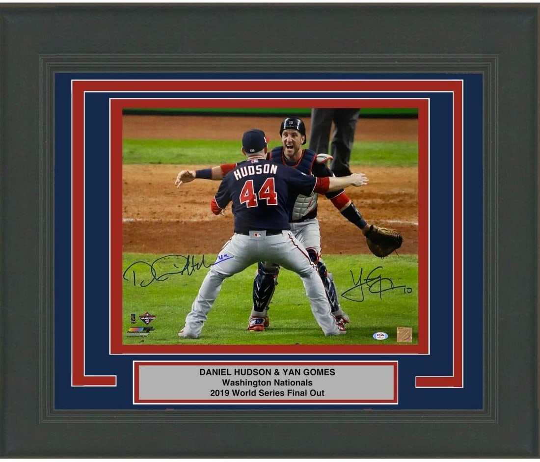 Framed Autographed 2019 WS Photo of Daniel Hudson Yan Gomes PSA COA: Framed Autographed 2019 WS Photo of Daniel Hudson Yan Gomes PSA COA This professionally framed 16x20 photo features the autographs of MLB players Daniel Hudson and Yan Gomes, commemorating their achie