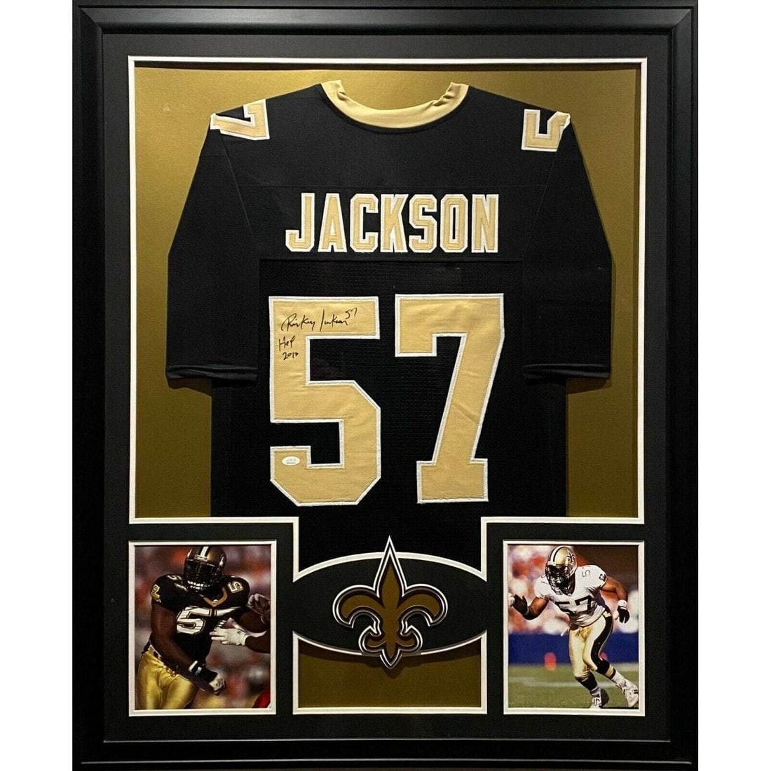 Framed Rickey Jackson Signed Saints Jersey JSA Authenticated with Pitt and HOF Details: Framed Rickey Jackson Signed Saints Jersey JSA Authenticated with Pitt and HOF Details This framed jersey features the authentic signature of Rickey Jackson, Hall of Famer for the New Orleans Saints a