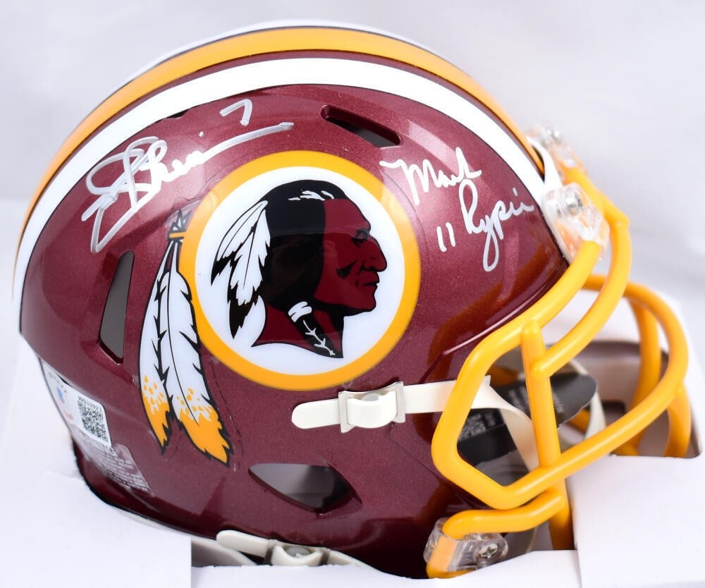 Joe Theismann Mark Rypien Signed WFT Mini Helmet Beckett Authenticated: Joe Theismann Mark Rypien Signed WFT Mini Helmet Beckett Authenticated This is a pre-owned mini helmet signed by NFL legends Joe Theismann and Mark Rypien. The helmet represents the Washington Footbal