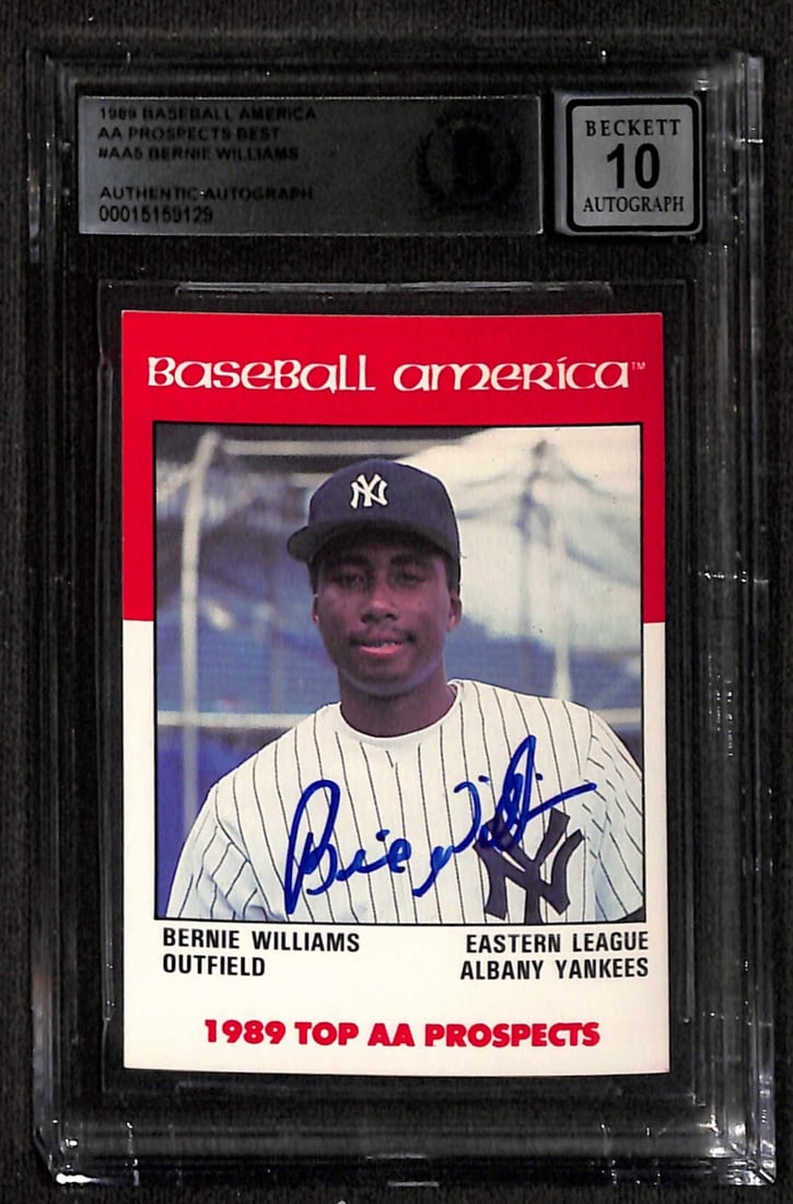 Bernie Williams 1989 Baseball America AA Prospects Signed Card Auto 10 Beckett Certified: Bernie Williams 1989 Baseball America AA Prospects Signed Card Auto 10 Beckett Certified This is a signed 1989 Baseball America Prospects Best #AA5 trading card featuring New York Yankees outfielder B