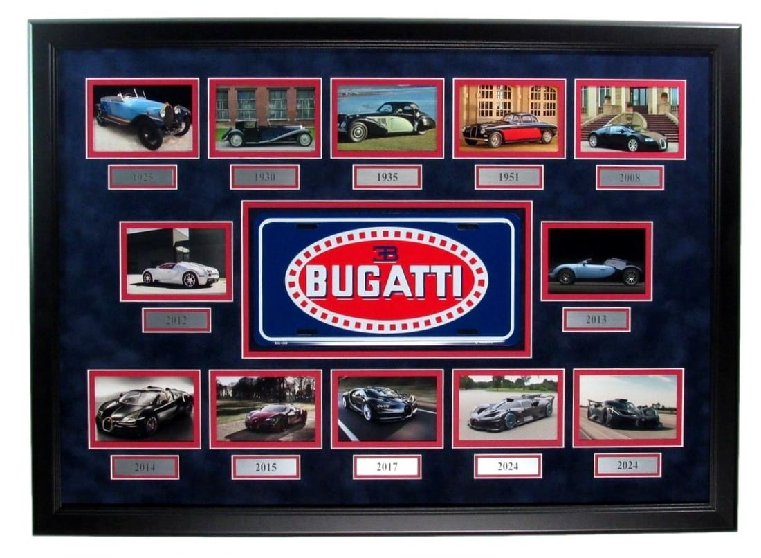 Framed Bugatti Automotive History Collage with License Plate 32 x 23 in (1 of 1)