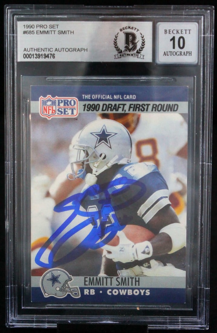 Emmitt Smith Hand Signed 1990 Pro Set Cowboys Card BGS Autograph Grade 10: Emmitt Smith Hand Signed 1990 Pro Set Cowboys Card BGS Autograph Grade 10 This 1990 Pro Set #685 football trading card features Emmitt Smith of the Dallas Cowboys. The card is hand signed by Emmitt Sm
