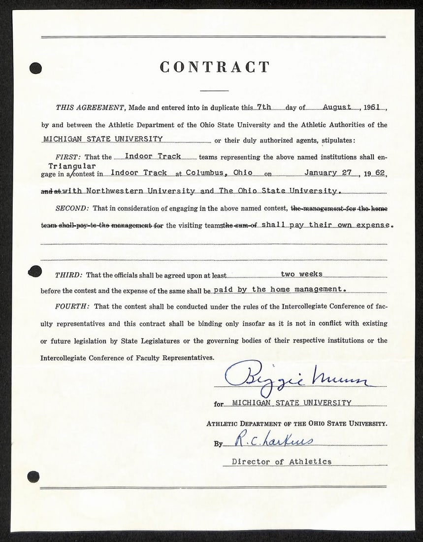 JSA Authenticated Contract Signed by Biggie Munn Michigan State Football Coach (1 of 2)