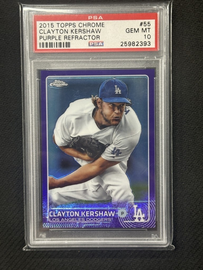 Clayton Kershaw 2015 Topps Chrome Purple Refractor PSA 10 #55: Clayton Kershaw 2015 Topps Chrome Purple Refractor PSA 10 #55 This is a 2015 Topps Chrome Purple Refractor baseball card featuring Clayton Kershaw, a standout pitcher for the Los Angeles Dodgers. The 