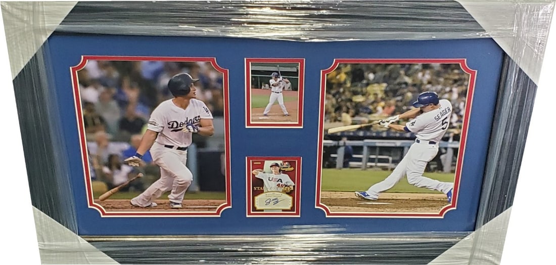 Corey Seager Signed Panini USA Card Custom Frame with 2 Dodgers Photos: Corey Seager Signed Panini USA Card Custom Frame with 2 Dodgers Photos This item features a Corey Seager hand-signed Panini USA card, beautifully custom framed alongside two 8x10 photographs of the Lo